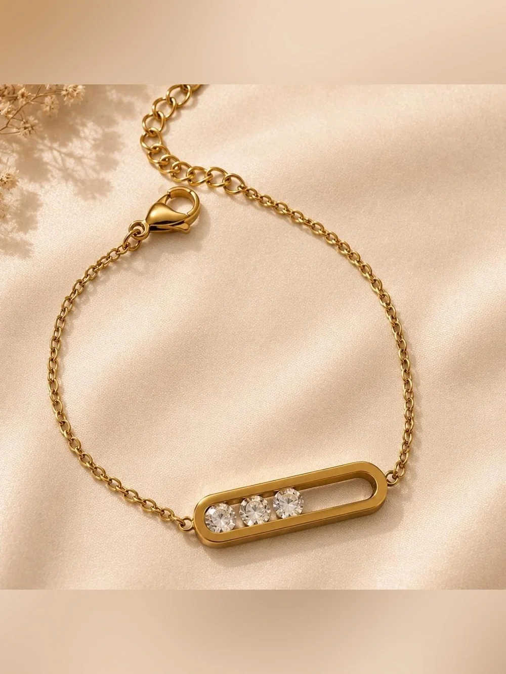 18K Gold Geometrical Link Paperclip Moving Diamond Bracelet No Fade Or Tarnish